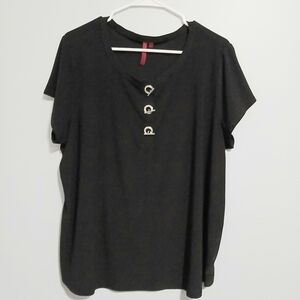Love Scarlett Black Short-Sleeve V-Neck Top with Decorative Buttons